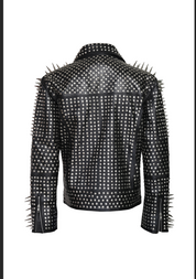 Handmade Men Full Black Punk Silver Long Spiked Studded Leather Brando Biker Jacket - Image 4