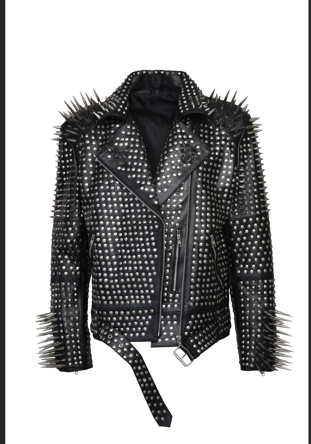 Handmade Men Full Black Punk Silver Long Spiked Studded Leather Brando Biker Jacket - Image 2