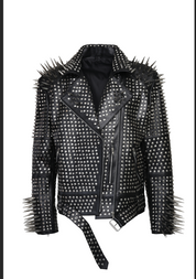 Handmade Men Full Black Punk Silver Long Spiked Studded Leather Brando Biker Jacket - Image 2