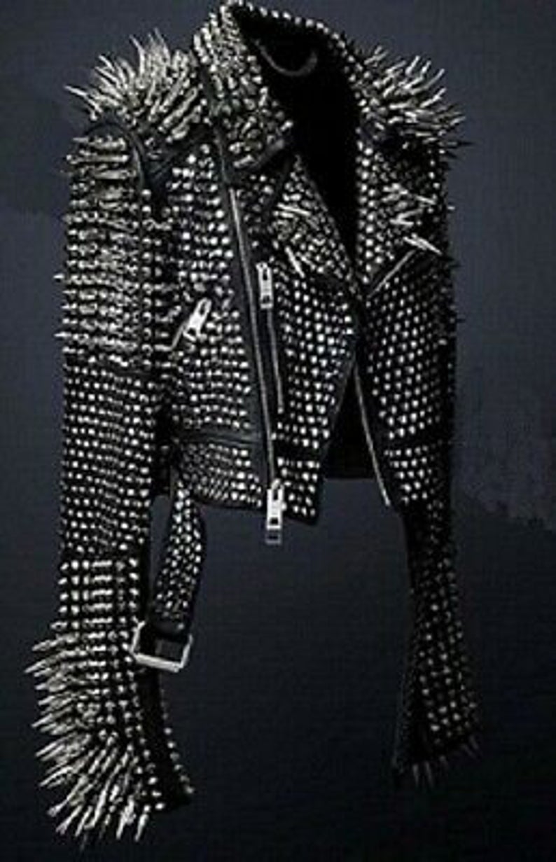 Women's Handmade Long Black Spiked Studded Leather Jacket - Image 3