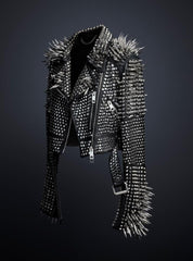 Women's Handmade Long Black Spiked Studded Leather Jacket - Image 4
