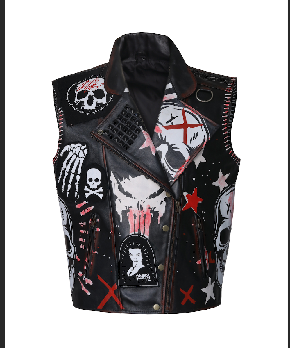 Gothic Skull Printed Studded Vest Jacket in Black Leather
