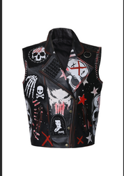 Gothic Skull Printed Studded Vest Jacket in Black Leather