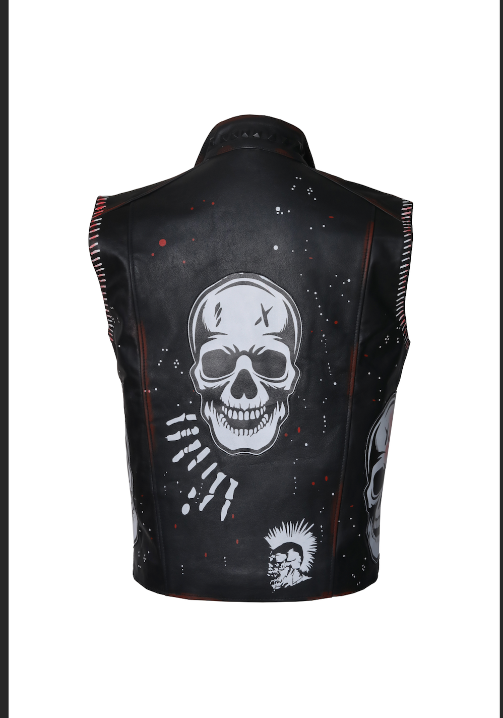 Gothic Skull Printed Studded Vest Jacket in Black Leather - Image 2