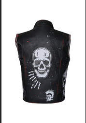 Gothic Skull Printed Studded Vest Jacket in Black Leather - Image 2