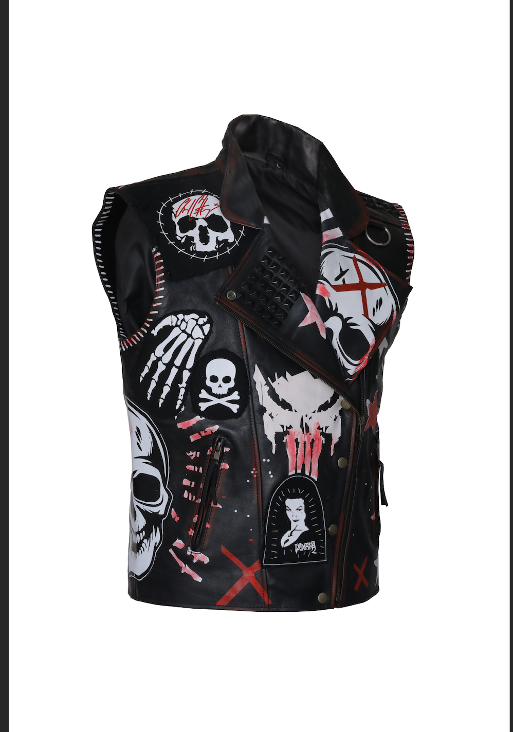 Gothic Skull Printed Studded Vest Jacket in Black Leather - Image 3