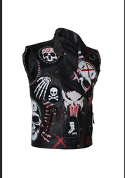 Gothic Skull Printed Studded Vest Jacket in Black Leather - Image 3