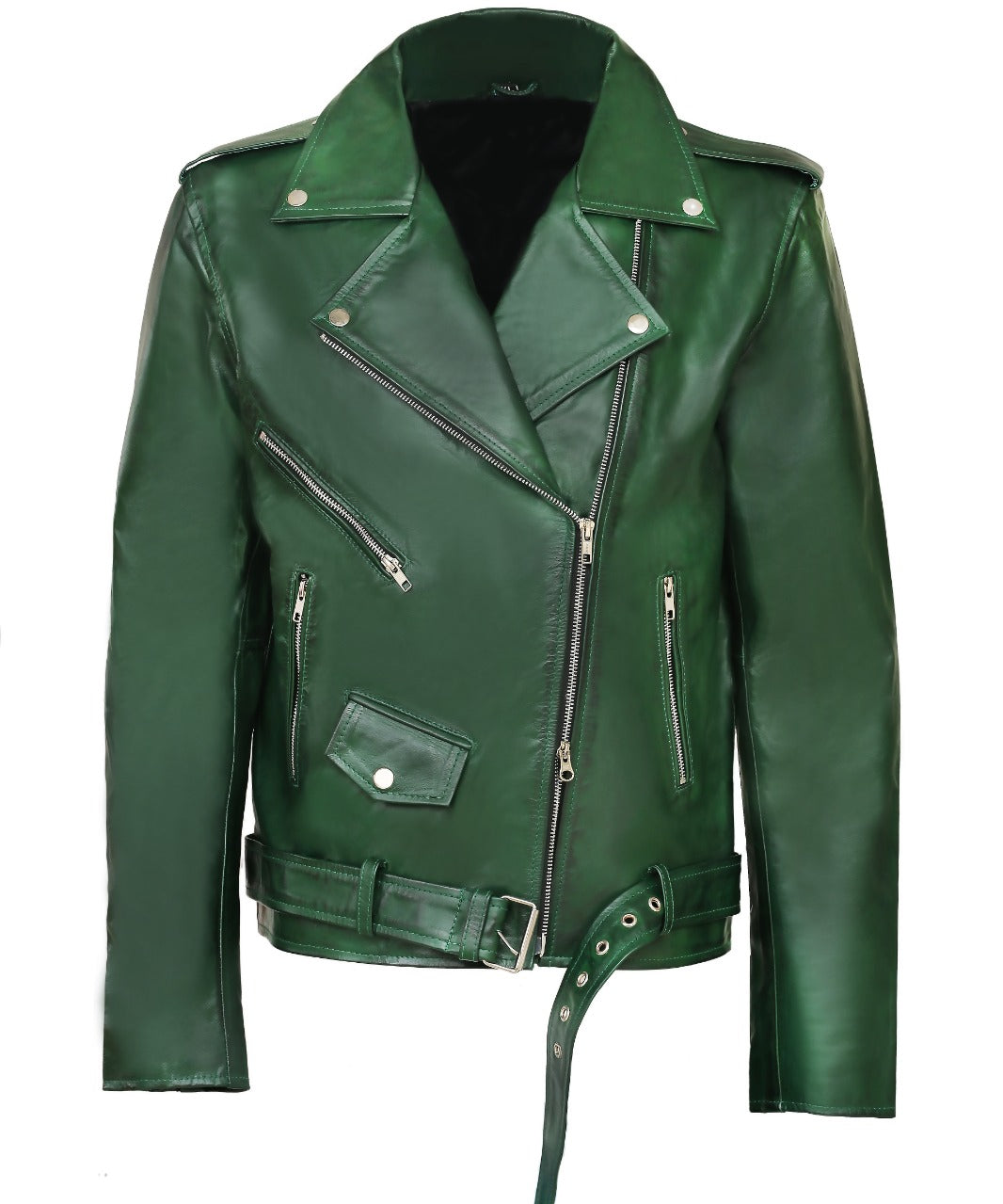 Handmade Men Green Biker Leather Jacket, Green Belted Motorcyle Jacket for Men