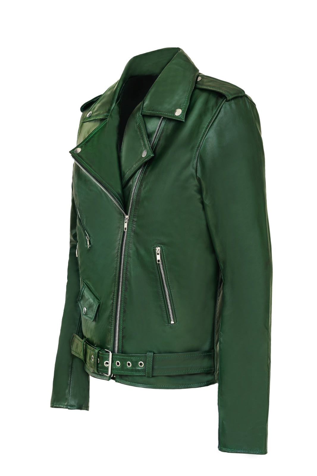 Men green biker leather jacket, green belted motorcyle jacket for men