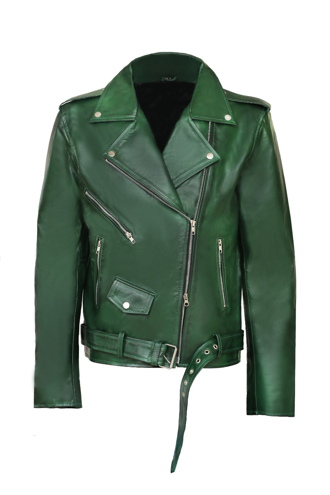 Men green biker leather jacket, green belted motorcyle jacket for men