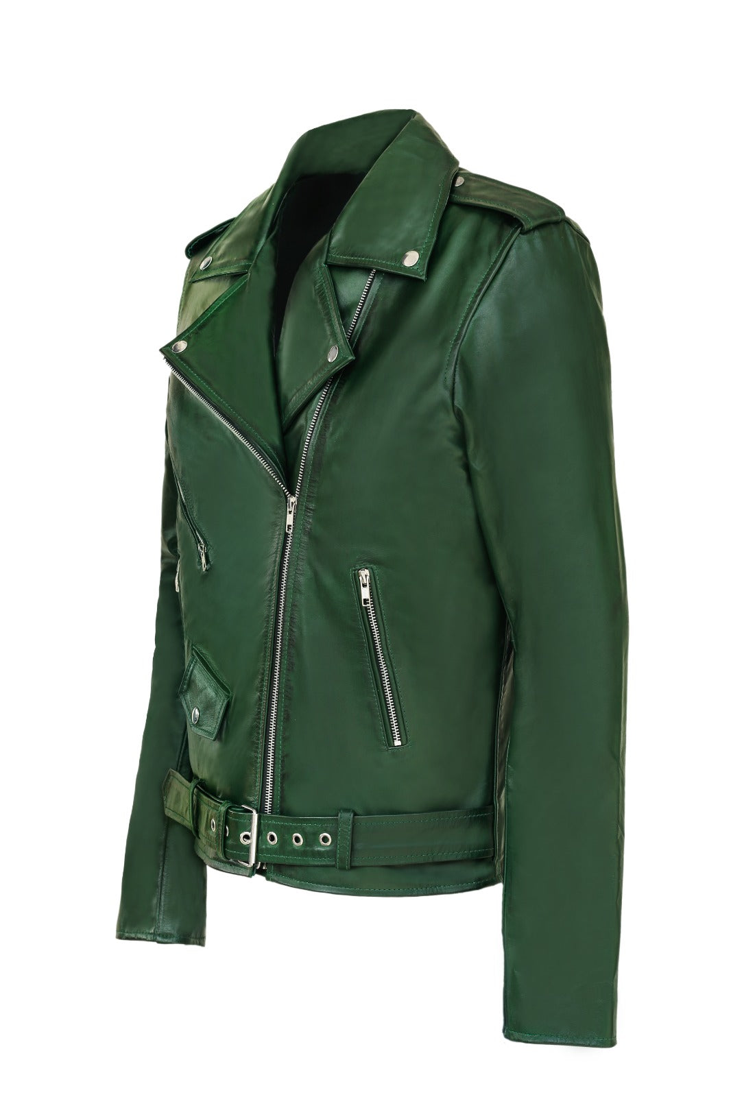 Handmade Men Green Biker Leather Jacket, Green Belted Motorcyle Jacket for Men - Image 3