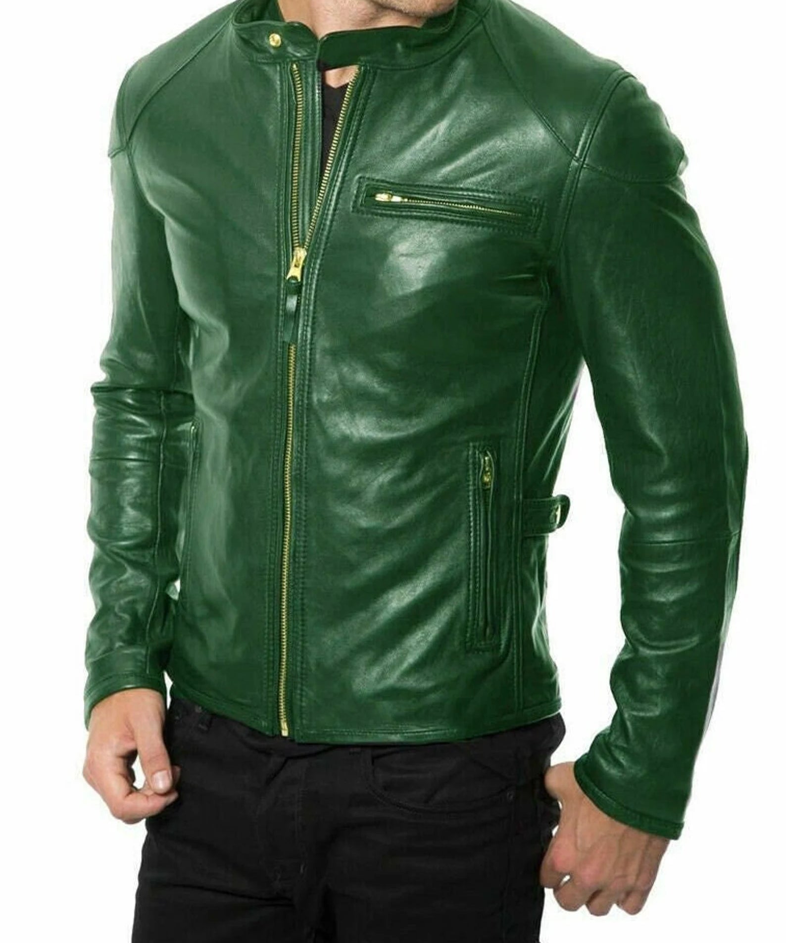 Handmade Men Green Leather Slim Fit Jacket, Men Biker Jacket, Motorcycle Jacket Men