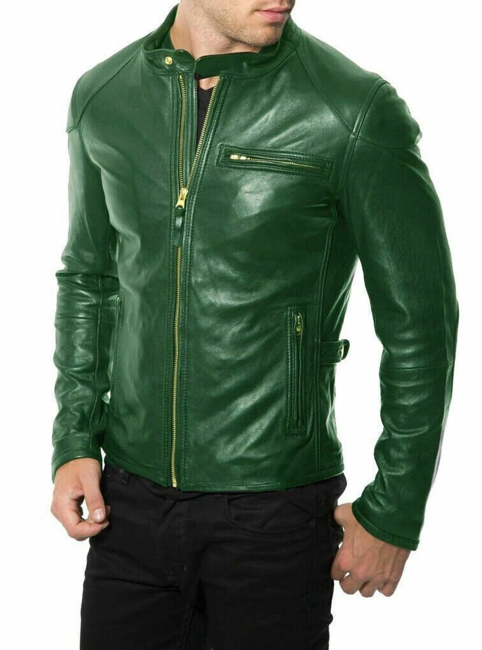 Handmade Men Green Leather Slim Fit Jacket, Men Biker Jacket, Motorcycle Jacket Men