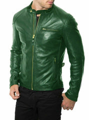 Handmade Men Green Leather Slim Fit Jacket, Men Biker Jacket, Motorcycle Jacket Men