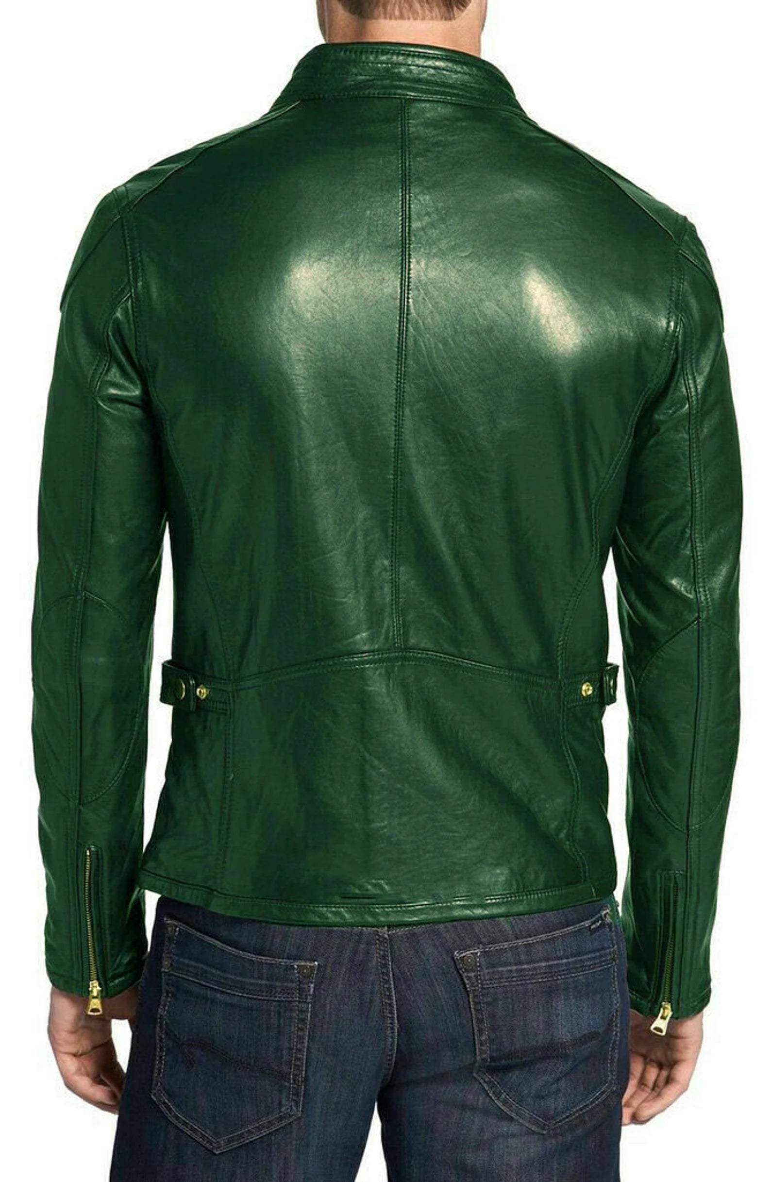 Handmade Men Green Leather Slim Fit Jacket, Men Biker Jacket, Motorcycle Jacket Men - Image 2