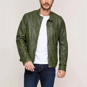 Men Green Slim fit leather jacket, real leather biker jacket