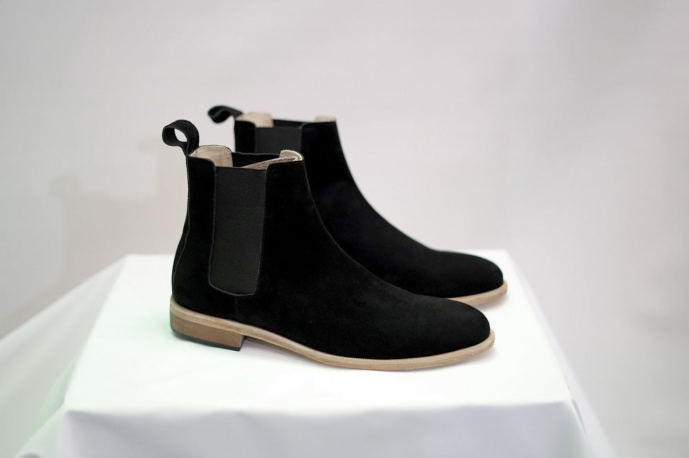 Men Handmade Black Suede Leather Chelsea Ankle Boots with Crepe sole,