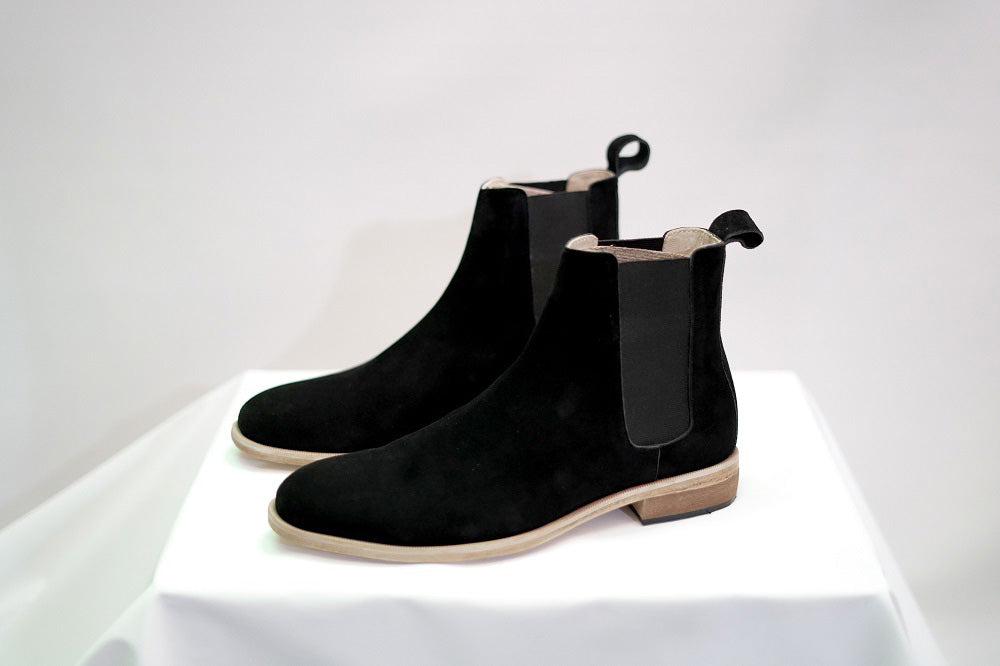 Men Handmade Black Suede Leather Chelsea Ankle Boots with Crepe sole,