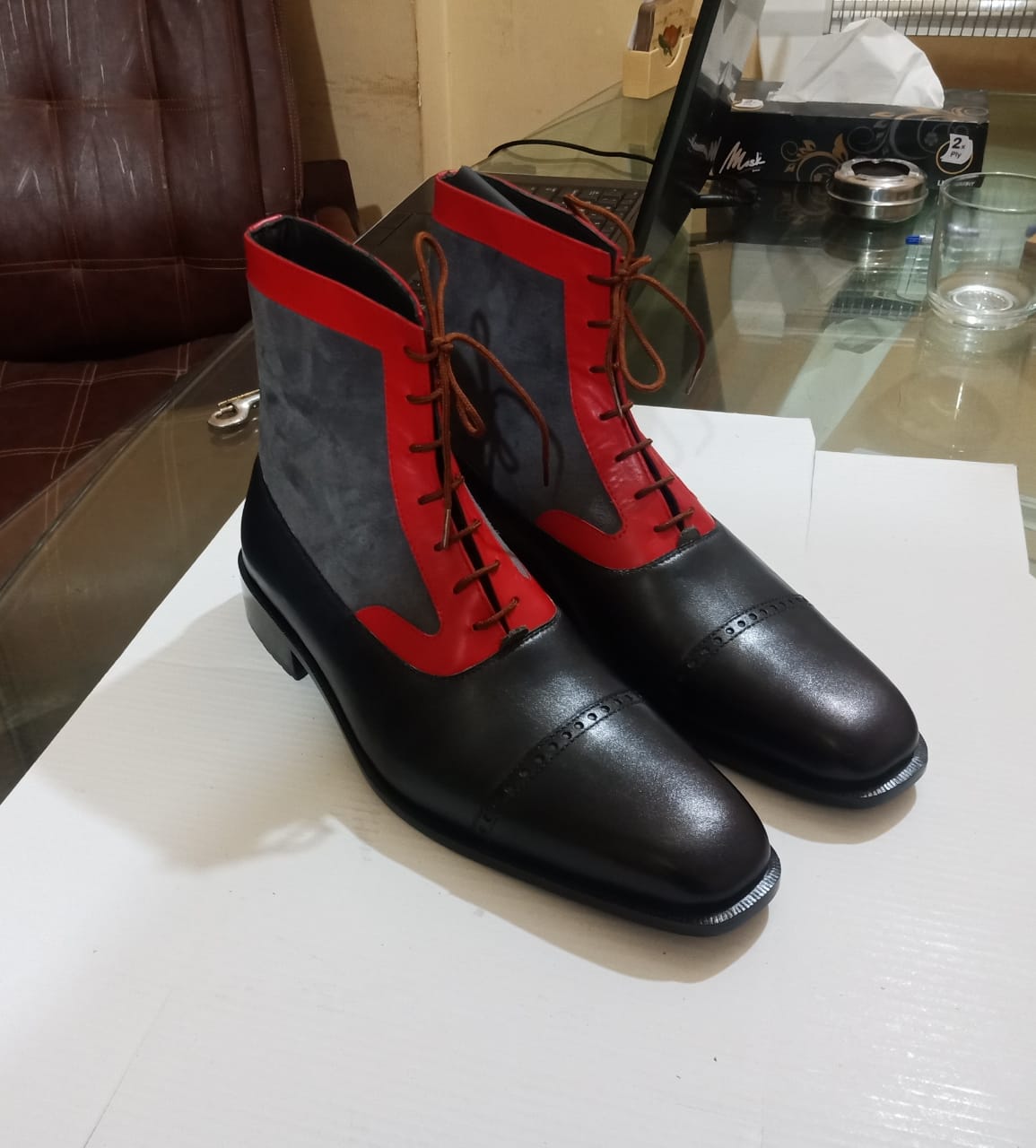 Men Handmade Three tone leather and suede ankle boots, Formal Dress Boots