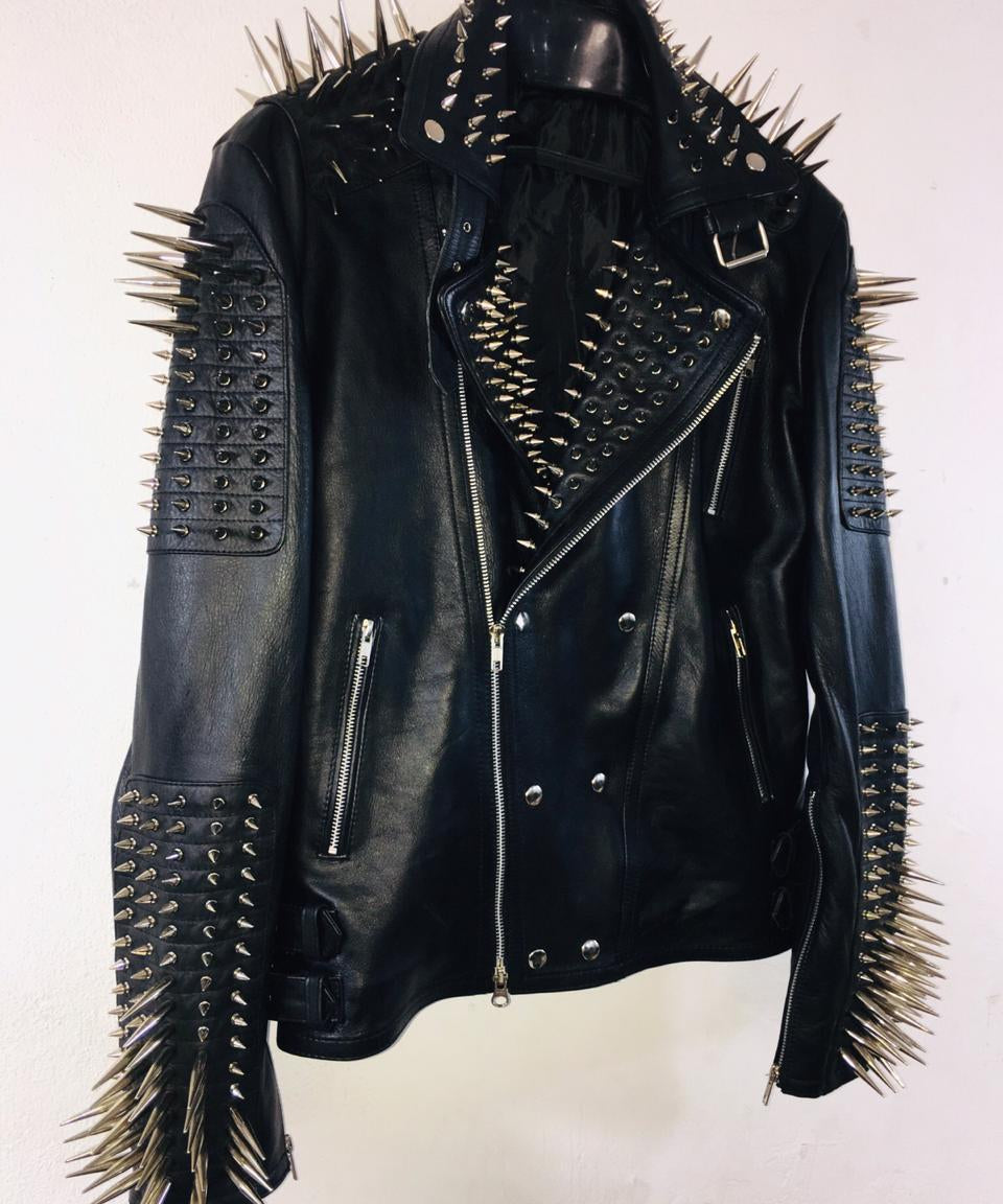 Men's Black Leather Biker Jacket with Spikes