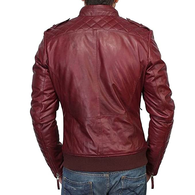 Men Maroon Color Slim Fit Leather Jacket. Fashion Biker Leather Jacket