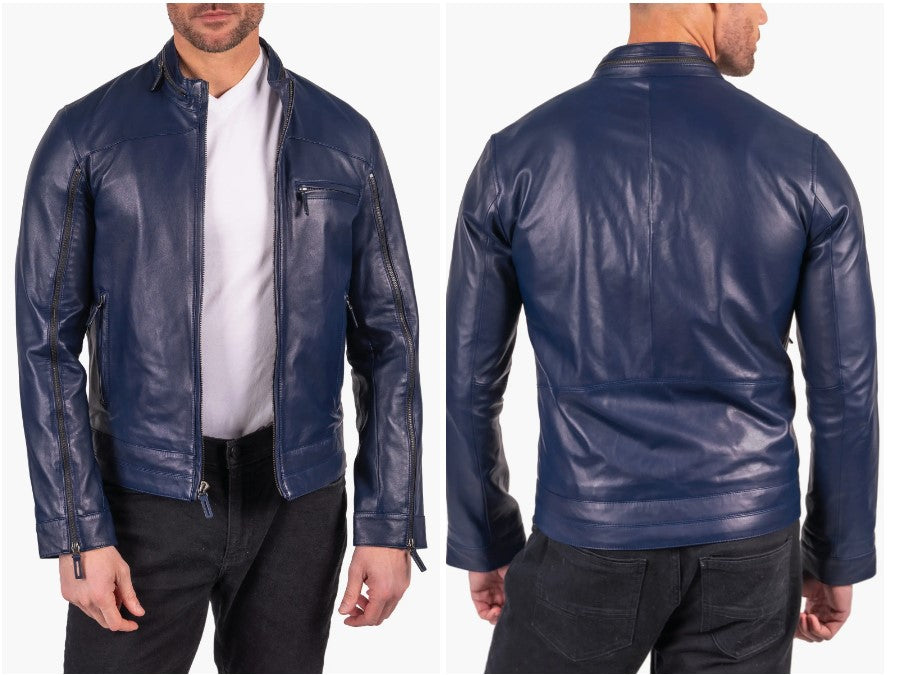 Handmade Men Navy Blue Biker Leather Jacket, Blue Motorcycle Jacket, Jacket for Men