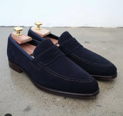 Men Navy Blue Suede Leather Moccasins Shoes, Casual Shoes Shoes - angle-view-showing-depth