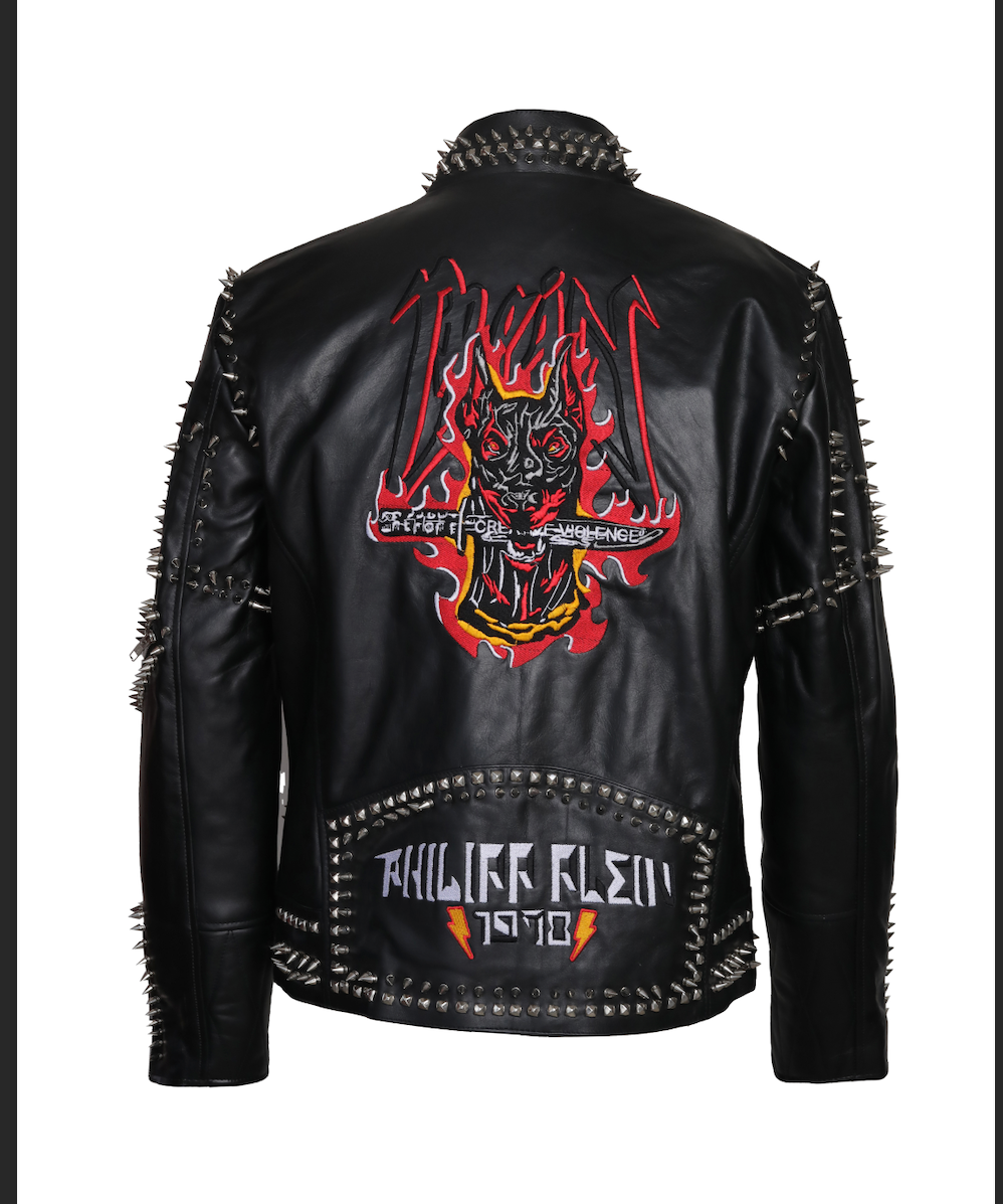 Punk Black Embroidered Leather Jacket with Spikes