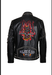 Punk Black Embroidered Leather Jacket with Spikes