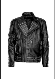 Punk Black Embroidered Leather Jacket with Spikes - Image 3