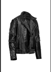 Punk Black Embroidered Leather Jacket with Spikes - Image 2
