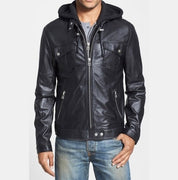 Handmade Punk Men Hooded Leather Jacket Black Biker Leather Jacket Fashion Jacket