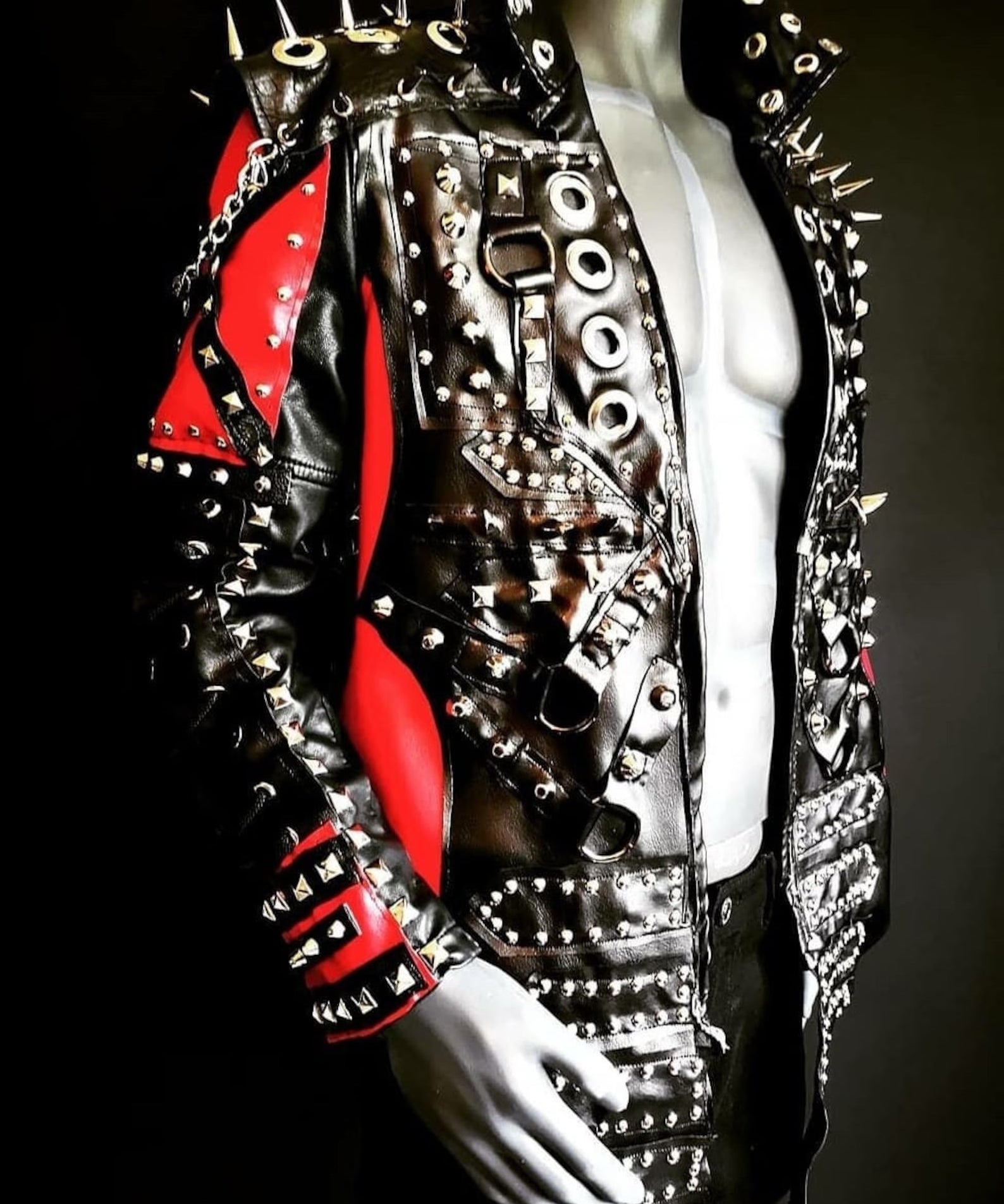 Red and Black Gothic Studded Leather Jacket