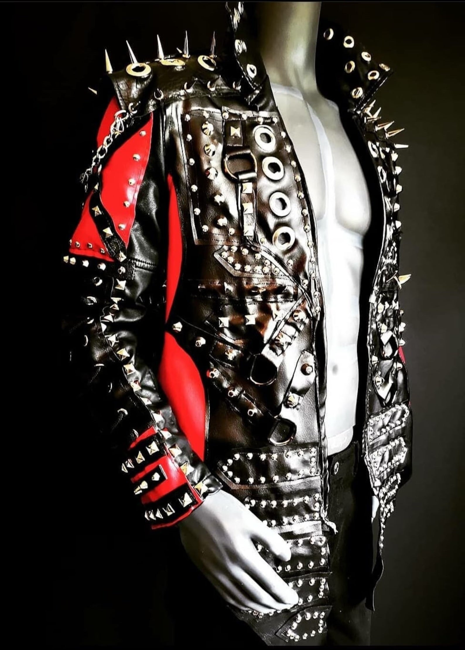 Red and Black Gothic Studded Leather Jacket