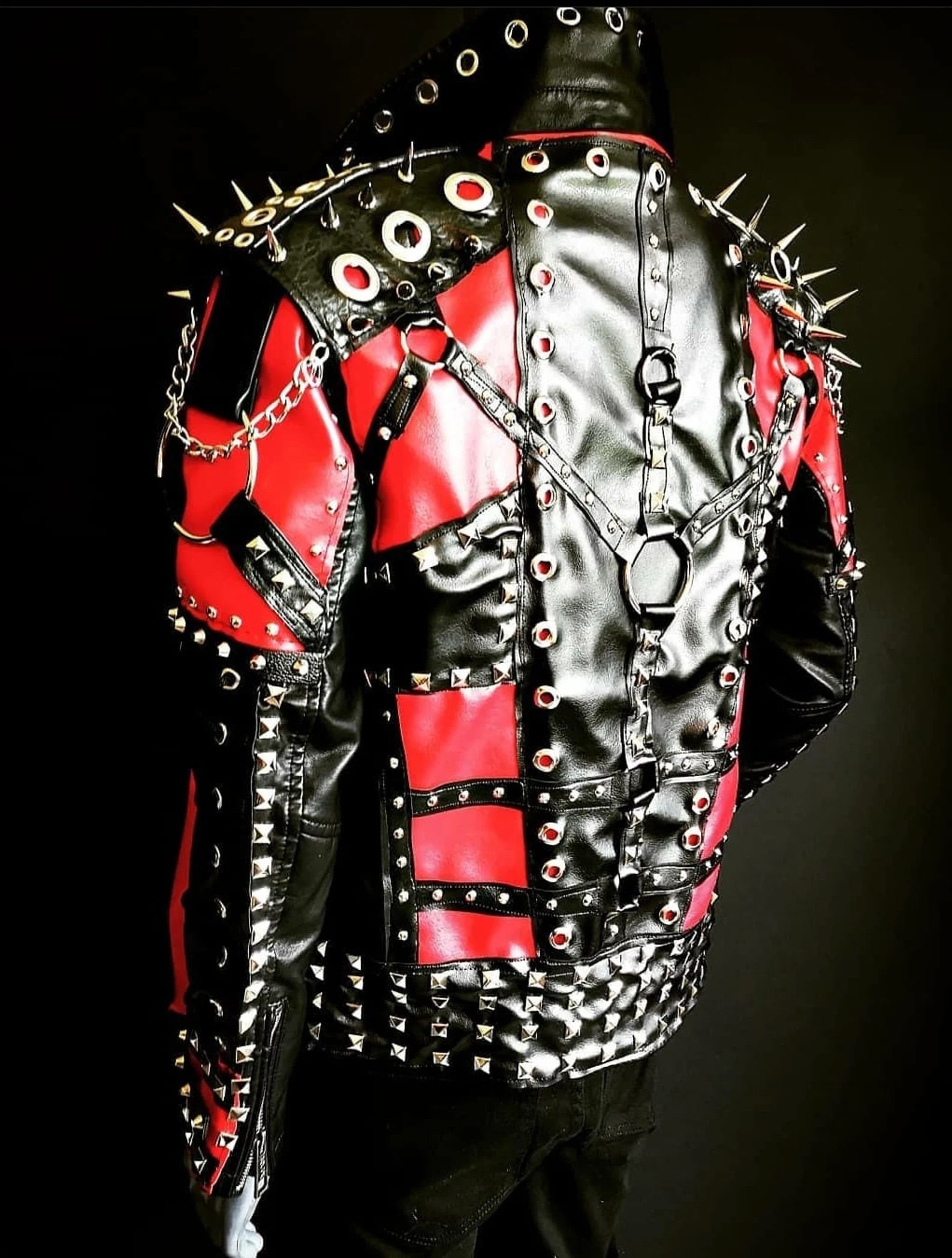 Red and Black Gothic Studded Leather Jacket - Image 2