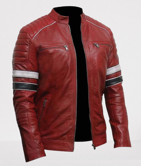 Men's Red Leather Biker Jacket with Stripes