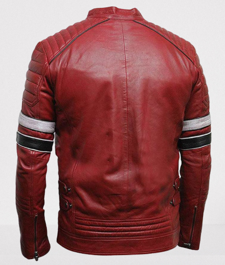 Men's Red Leather Biker Jacket with Stripes - Image 3