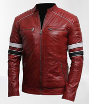 Men's Red Leather Biker Jacket with Stripes - Image 2