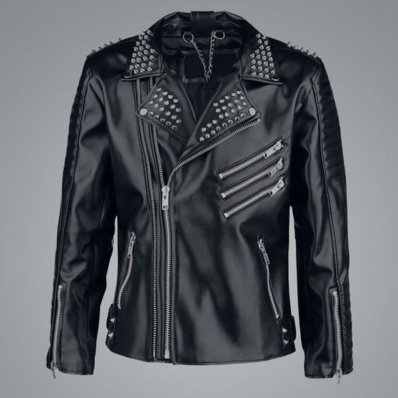 Men's Black Leather Punk Rock Jacket with Studs