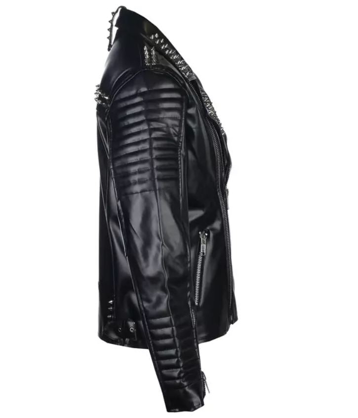 Men's Black Leather Punk Rock Jacket with Studs - Image 3