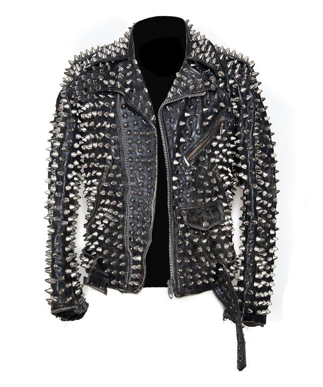 Men's Silver Studded Long Spike Brando Belted Jacket