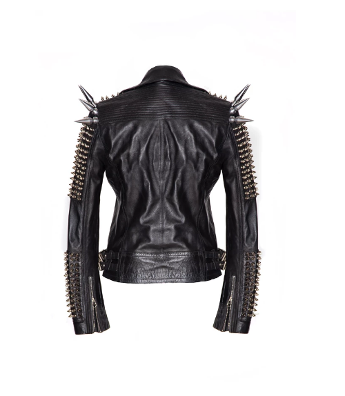Punk Men Silver Studded Long Spiked Jacket Leather Black Rock Style Jacket