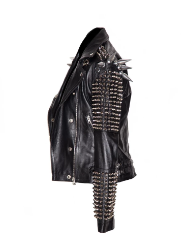 Punk Men Silver Studded Long Spiked Jacket Leather Black Rock Style Jacket