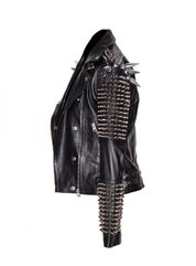 Punk Men Silver Studded Long Spiked Jacket Leather Black Rock Style Jacket
