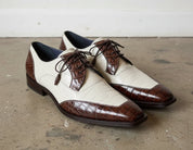 Men Spectator Shoes, Brown And White Crocodile Texture Two Tone Shoes