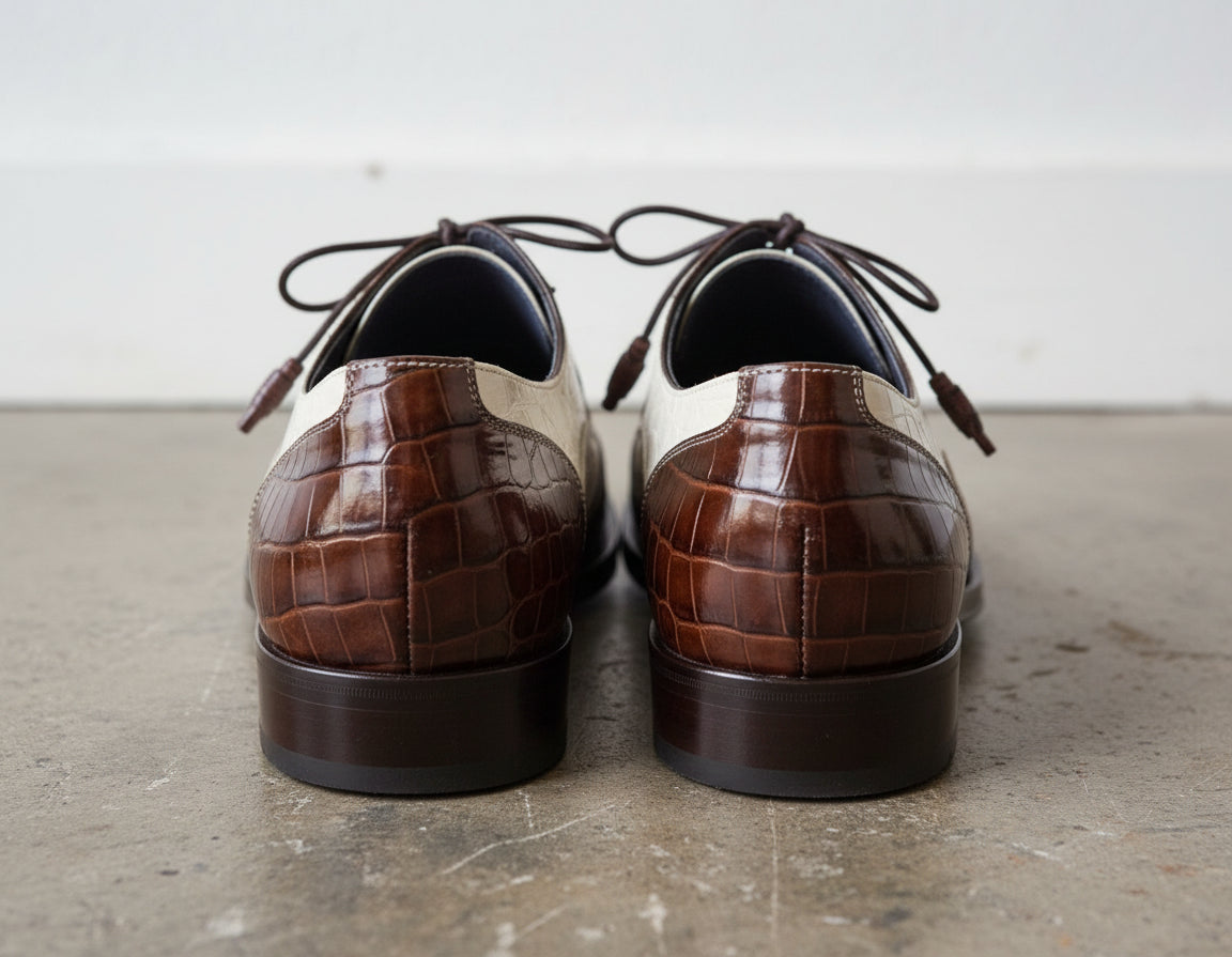 Men Spectator Shoes, Brown And White Crocodile Texture Two Tone Shoes