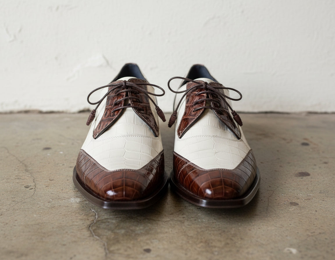 Men Spectator Shoes, Brown And White Crocodile Texture Two Tone Shoes