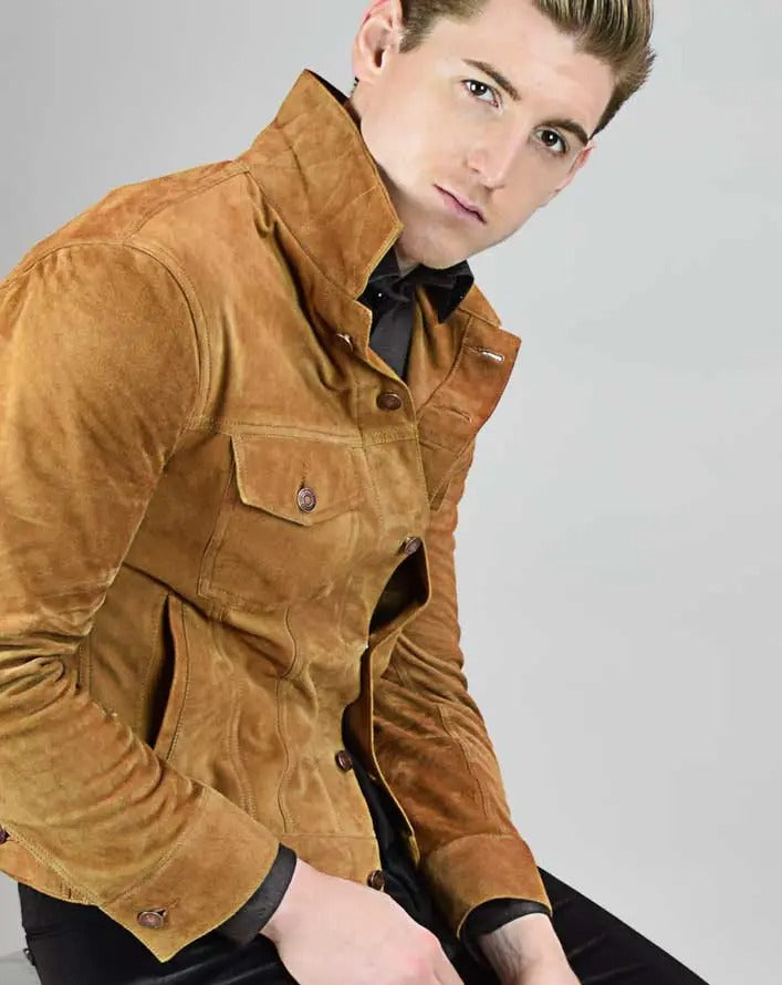 Men's Handmade Tan Brown Suede Trucker Jacket - Image 2