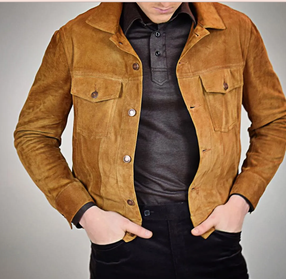 Men's Handmade Tan Brown Suede Trucker Jacket