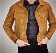 Men's Handmade Tan Brown Suede Trucker Jacket - Image 3